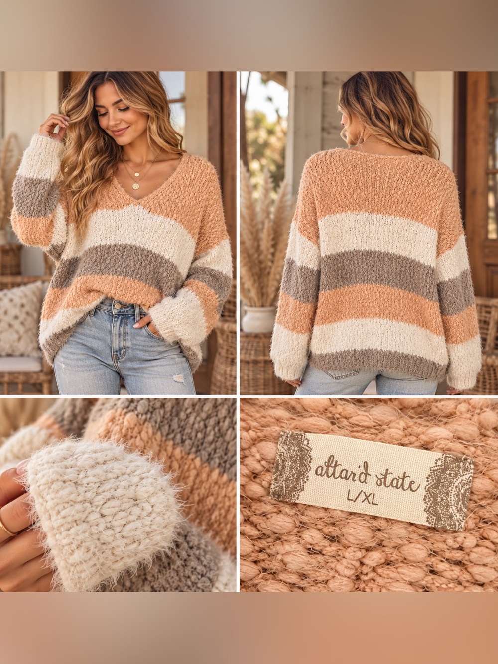 Altar’d State L/XL Fuzzy Striped V-Neck Sweater Peach Cream Taupe Boho Oversized